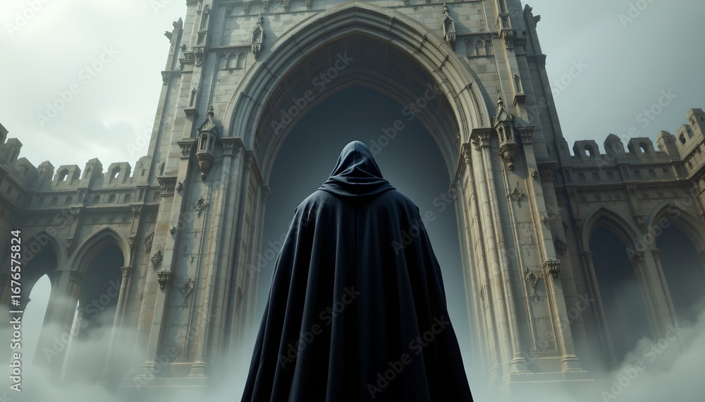 Naklejka premium an imposing figure standing in front of a grand cathedral
