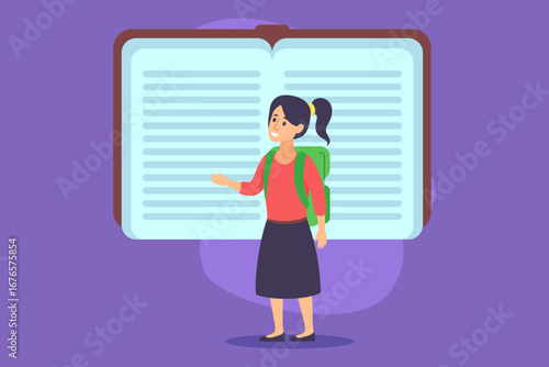 Student in red shirt and backpack standing in front of large open book. Girl explaining something, highlighting her active participation in educational setting