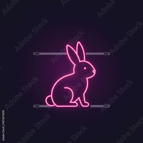 A luminous pink neon sign shaped like a sitting rabbit glowing brightly with a stylized silhouette outline.