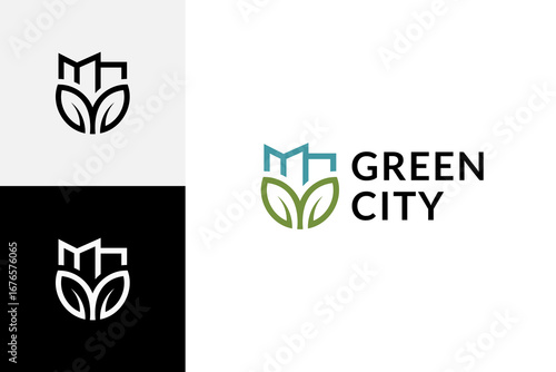 Green City logo with leaves and urban monogram line art vector illustration