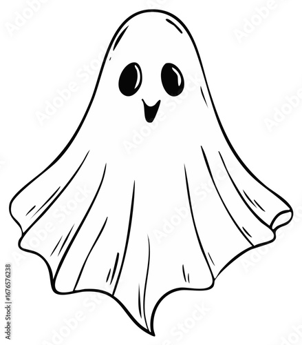 Cute cartoon ghost illustration happy smiling specter outline drawing Halloween character