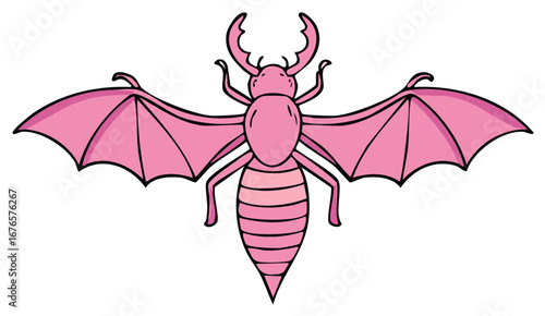 Vibrant pink fantasy creature with large bat like wings and prominent beetle horns whimsical cartoon illustration