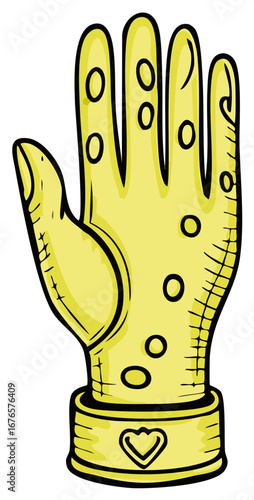 Stylized Vector Illustration of a Glove with Circular Designs and Heart Emblem