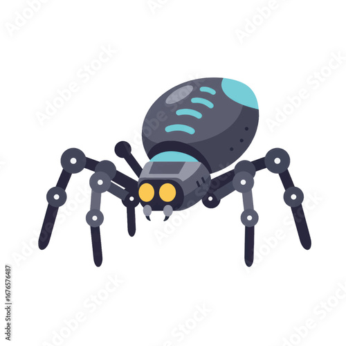 Futuristic robotic spider with glowing yellow eyes articulated legs and a dark grey armored body.