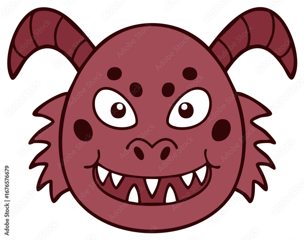 Obraz premium Cartoon Illustration of Funny Purple Monster Face with Horns and Sharp Teeth