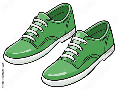 Green sneakers with white laces, footwear illustration on a white background