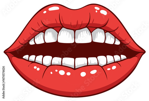 Illustration of expressive open mouth with glossy red lips and white teeth