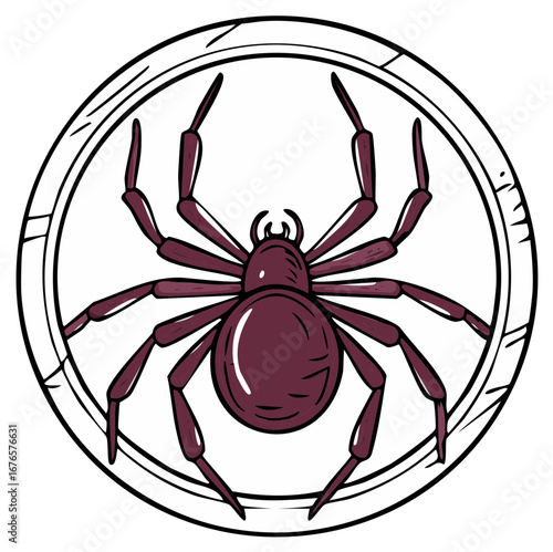 Arachnid Illustration Featuring Purple Spider on Wooden Disc