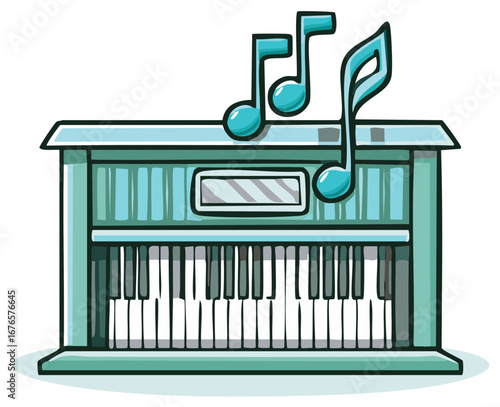 Blue stylized piano with floating musical notes illustration