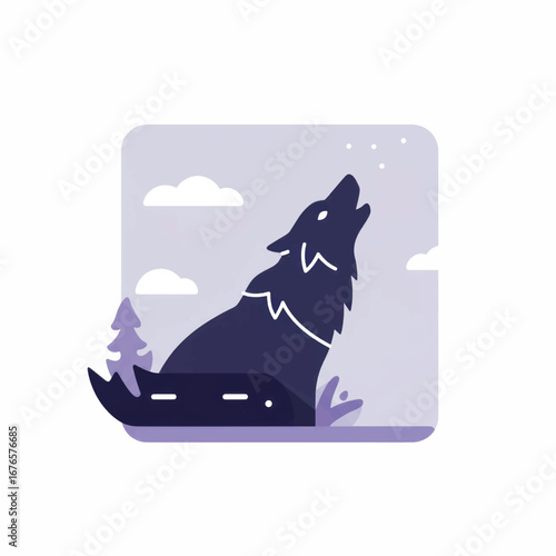 A stylized dark purple wolf howling at the stars a minimalist flat design icon with shaggy fur details.