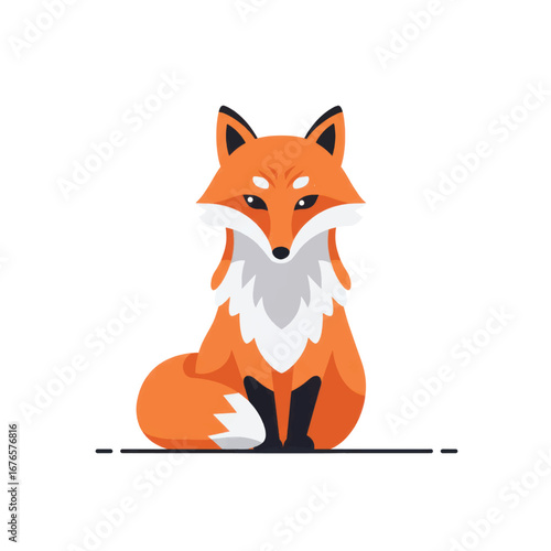 Modern flat vector illustration of a sitting orange fox with a white chest black paws and a sly look.