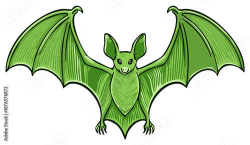 Illustration of a green bat with outstretched wings and detailed graphic style