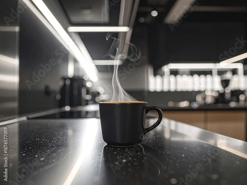 Dramatic low-angle shot of black espresso mug on dark polished counter with steam, industrial modern kitchen, shaft of light, high-contrast film noir aesthetic, minimalist coffee scene