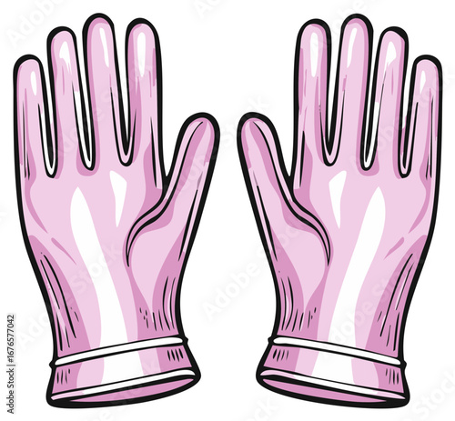 Vibrant Pink Household Rubber Gloves Cartoon Style Illustration for Cleaning Tasks and Protection
