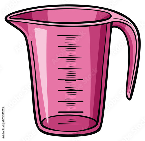 Vibrant pink plastic measuring cup illustration with visible volume markings for kitchen, cooking, or baking