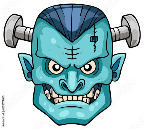 Cartoon Monster Head with Bolts Halloween Character Scary Mutant Design