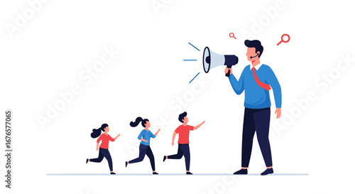 Dynamic leader inspiring team with megaphone, driving growth and achieving ambitious goals together now