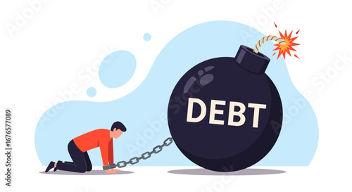 Trapped by debt burdens? Illustration of man chained to bomb labeled debt emphasizes financial struggle