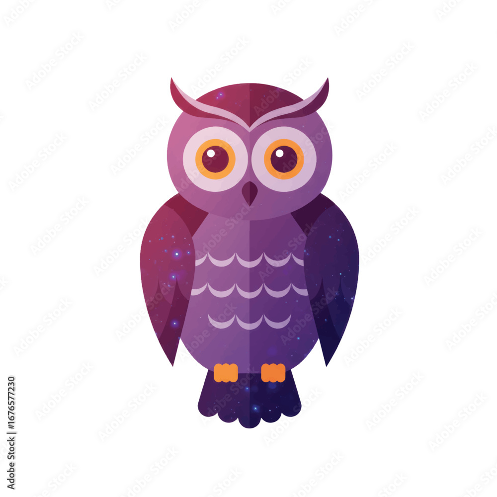 Fototapeta premium Stylized cartoon owl with a purple cosmic galaxy texture large orange eyes and pointed ear tufts.
