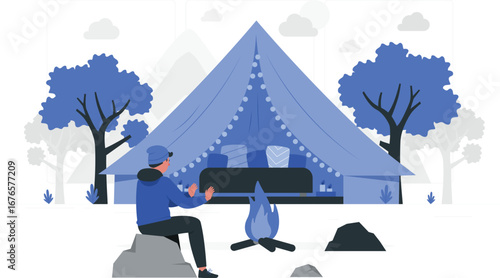 Charming glamping adventure illustration with nature elements