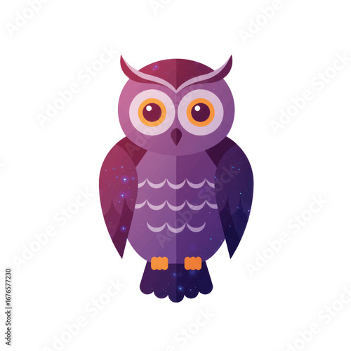 Stylized cartoon owl with a purple cosmic galaxy texture large orange eyes and pointed ear tufts.