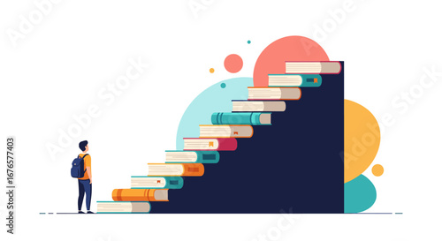 Student with backpack aims for higher education, climbing the stairway to success through knowledge