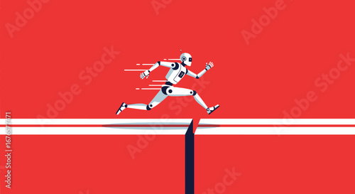 Agile robot leaps over hurdle with speed and precision in a digital race to success on red background
