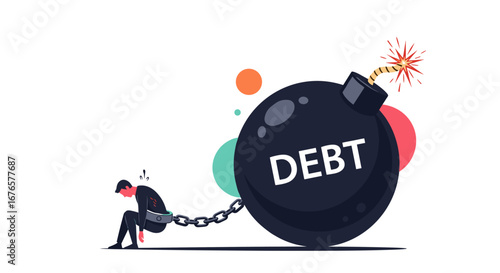 Financial burden concept with man chained to debt bomb showing stress and hopelessness for loan burden