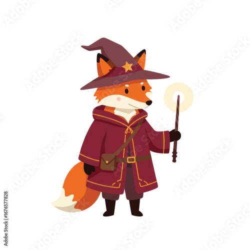 An adorable cartoon fox wizard in a maroon robe and pointed hat holding a glowing magic wand.