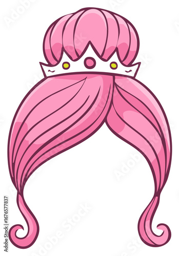 Cartoon Princess Pink Wig Hairstyle with a Jeweled Crown Party Costume Accessory or Cosplay Concept Isolated