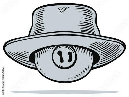 Sketch of bowler hat and security camera in gray tones, an eye disguised, funny concept, vector