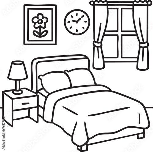 Bedroom interior line drawing black and white vector illustration cozy furniture layout home decor sleep comfort concept design