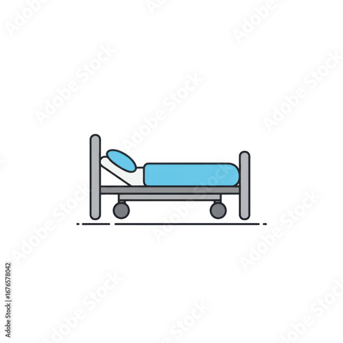Minimalist hospital bed icon with blue bedding and grey frame on wheels flat line art style.