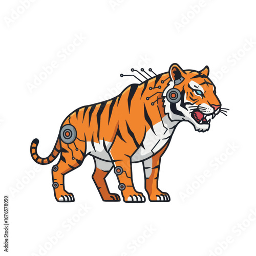 Fierce cyborg tiger with glowing eyes roaring with visible circuitry and mechanical parts.