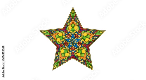 A vibrantly colored, ornate star design displays intricate patterns and a mix of warm and cool hues.