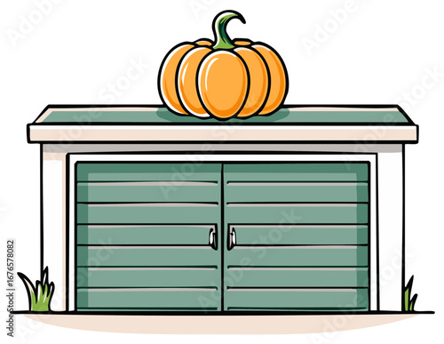 Autumn pumpkin resting on top of a green storage shed illustration