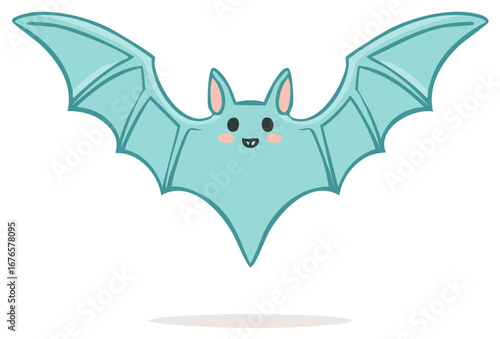 Cartoonish bat with wide outstretched wings, soft teal color and happy facial expression for Halloween illustrations