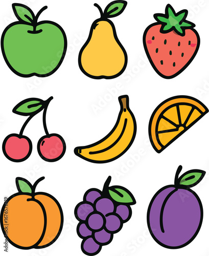 Colorful cartoon fruit icon set vector illustration apple pear cherry banana grape plum peach strawberry orange design