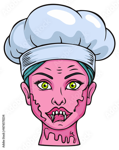 Cartoon Vampire Chef with Pink Skin and Fangs for a Halloween or Horror Theme