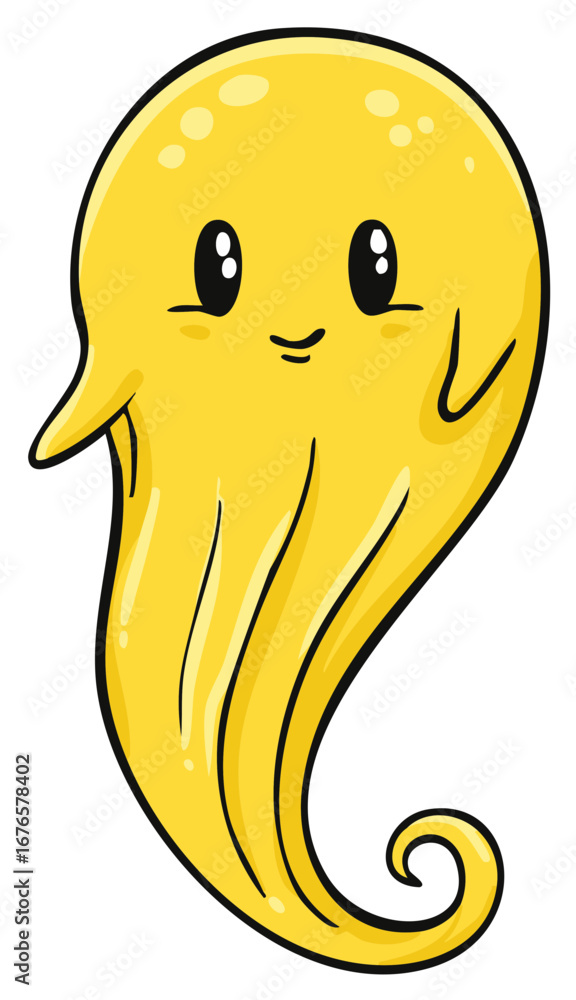 Fototapeta premium Cute yellow ghost cartoon character with a friendly smile floating. Adorable kawaii phantom illustration.