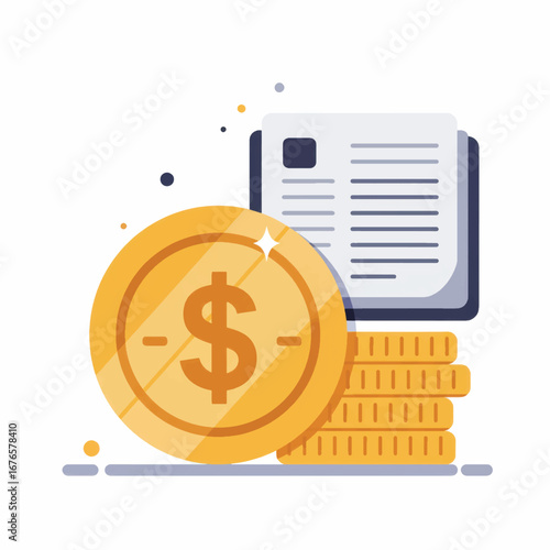 Flat vector illustration of a shiny gold dollar coin a stack of coins and a financial document.