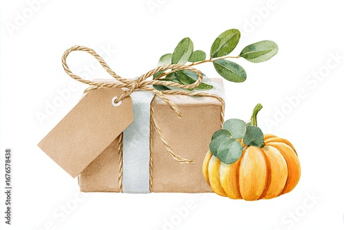 Festive Halloween Watercolor Flat Lay with Kraft Gift Tag and Olive Sprig for DIY Packaging Tutorials on White Background