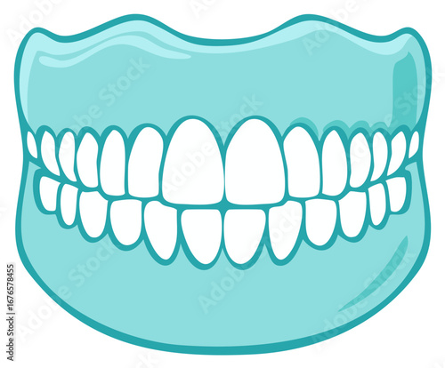 Full Set of Cartoon Dentures Illustration Dental Prosthesis Upper Lower Teeth Jaws Gums Hygiene Oral Care Medical Health