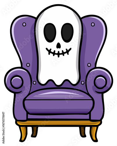 Cartoon ghost sitting in a purple armchair. Halloween concept with a spooky look.