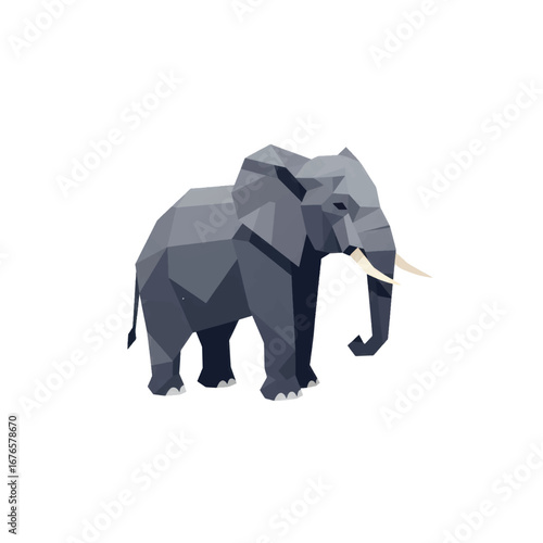 Stylized Grey Elephant with Ivory Tusks in a Modern Geometric Low-Poly Design.