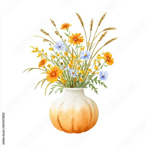 Wallpaper Mural Delicate Watercolor Pumpkin Vase with Wildflowers and Elegant Negative Space for Seasonal Florist Concept on White Background Torontodigital.ca
