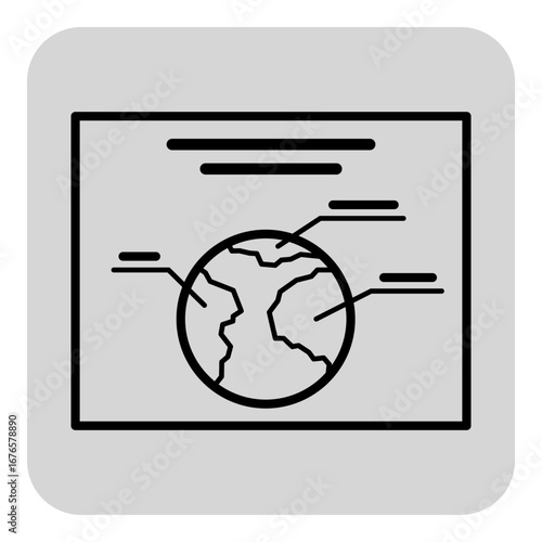 Simple black line design of globe situated inside rectangular frame, often associated with educational activities in school setting