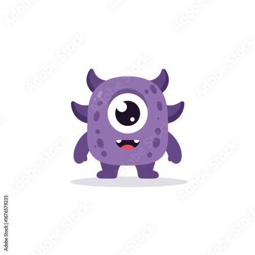 Adorable purple one-eyed monster with horns and spots smiling happily A cute cartoon cyclops character illustration.