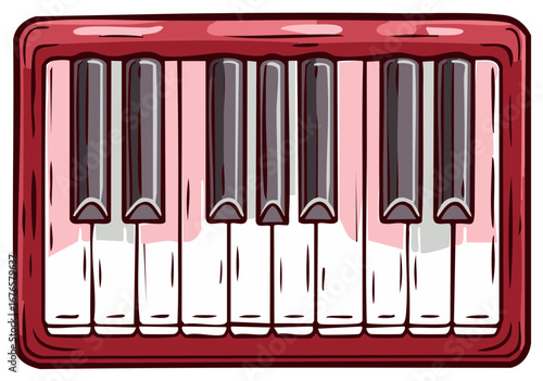 Simplified Cartoon Style Piano Keys Illustration with Red Frame Keyboard Musical Instrument