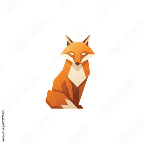 Modern geometric fox illustration with sharp angles sitting in shades of orange and cream.